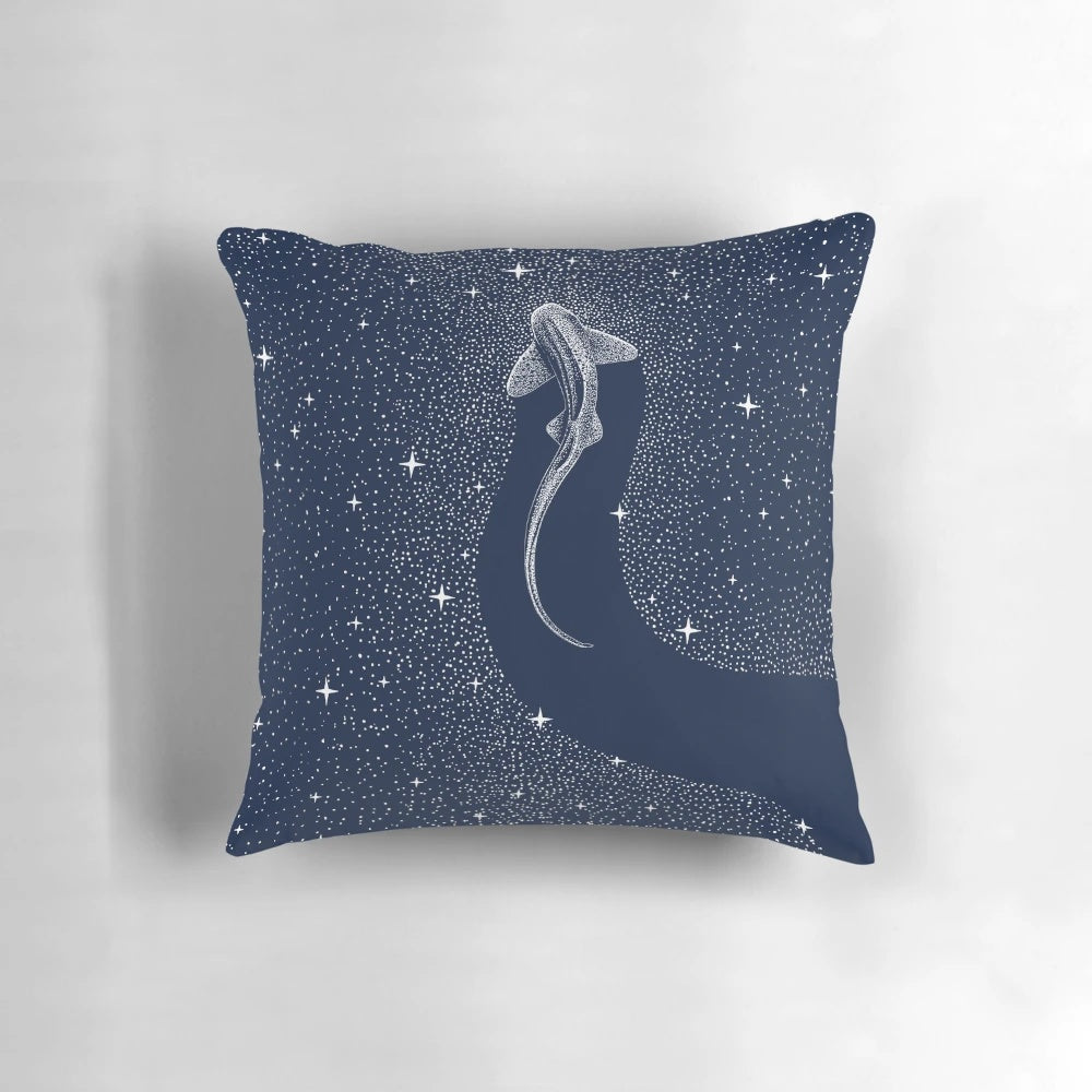 A vibrant pillow design featuring a majestic leopard shark swimming amidst a cosmic backdrop of stars and galaxies.