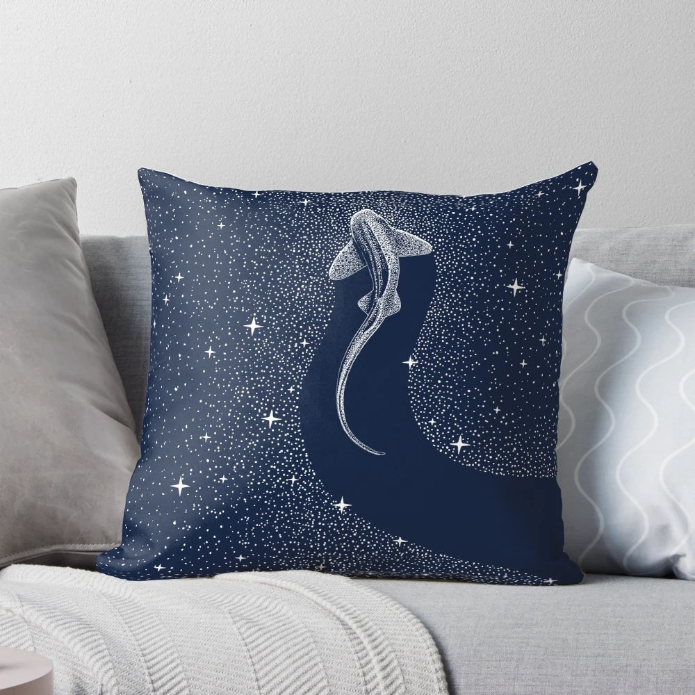 A vibrant pillow design featuring a majestic leopard shark swimming amidst a cosmic backdrop of stars and galaxies.