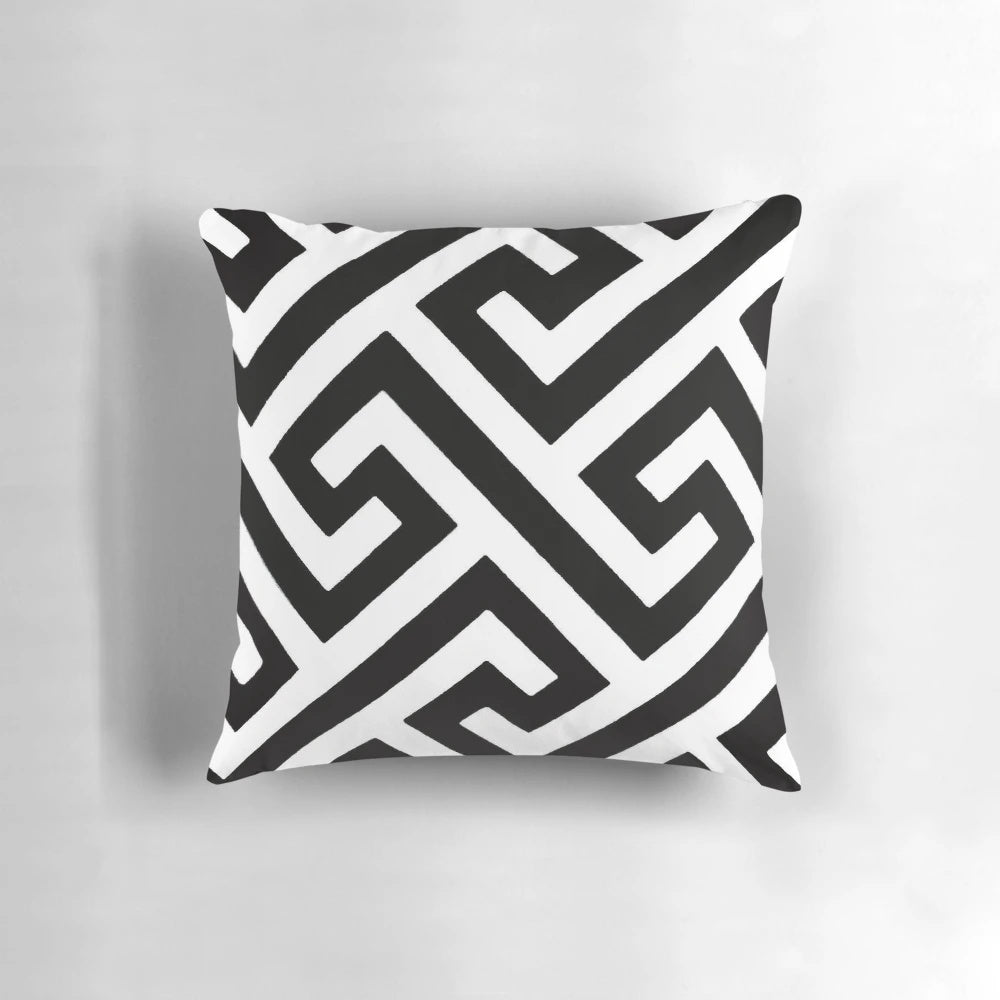 Throw Pillow featuring a mesmerizing maze print design in a monochrome color scheme.