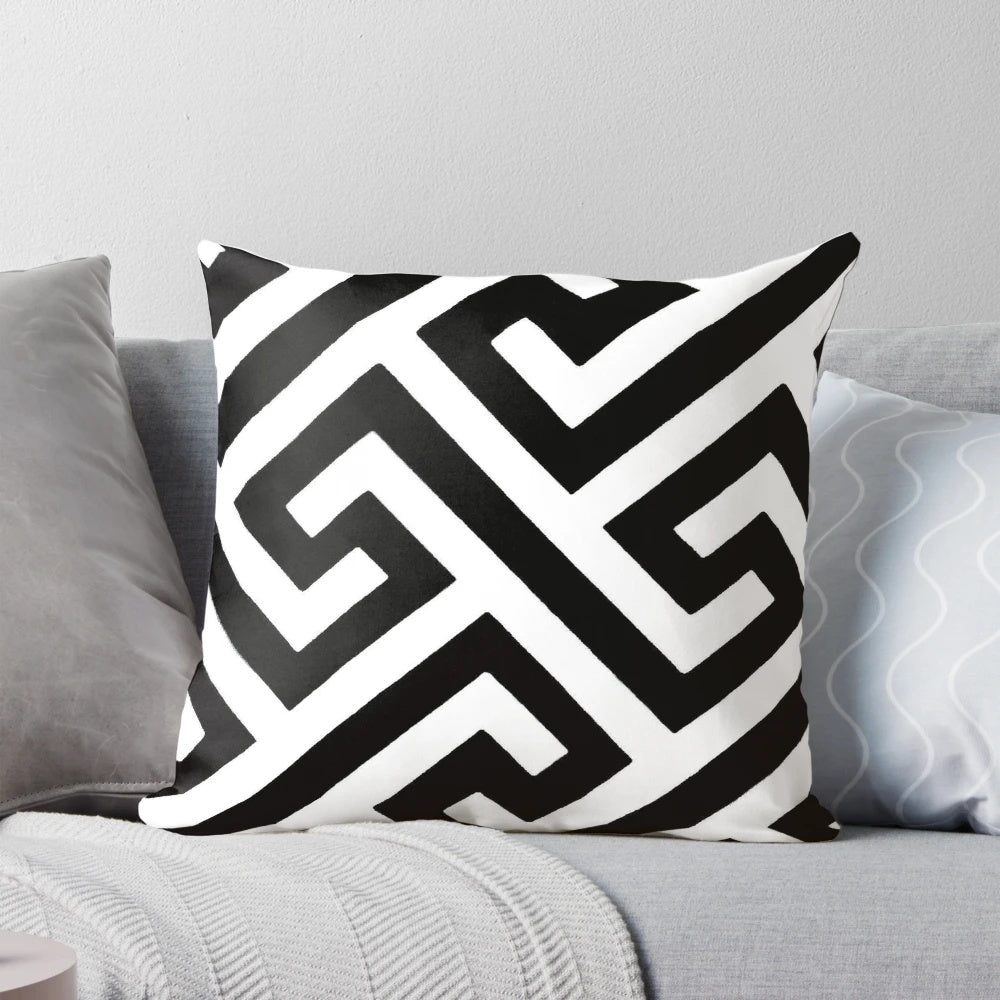 Throw Pillow featuring a mesmerizing maze print design in a monochrome color scheme.
