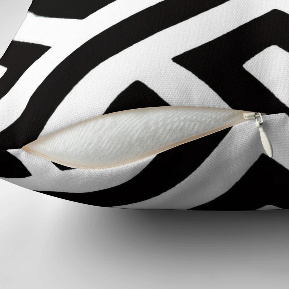 Throw Pillow featuring a mesmerizing maze print design in a monochrome color scheme.