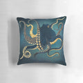 Metallic octopus-themed decorative pillow with blue, gold, bronze, and copper accents