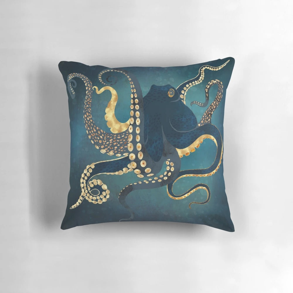 Metallic octopus-themed decorative pillow with blue, gold, bronze, and copper accents