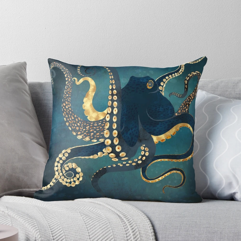 Metallic octopus-themed decorative pillow with blue, gold, bronze, and copper accents