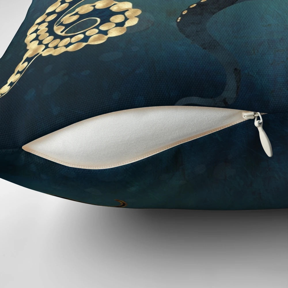 Metallic octopus-themed decorative pillow with blue, gold, bronze, and copper accents