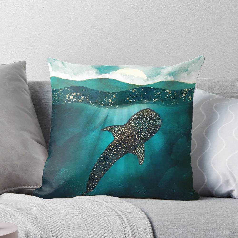 Metallic gold pillow featuring a detailed whale shark design in an abstract, contemporary style