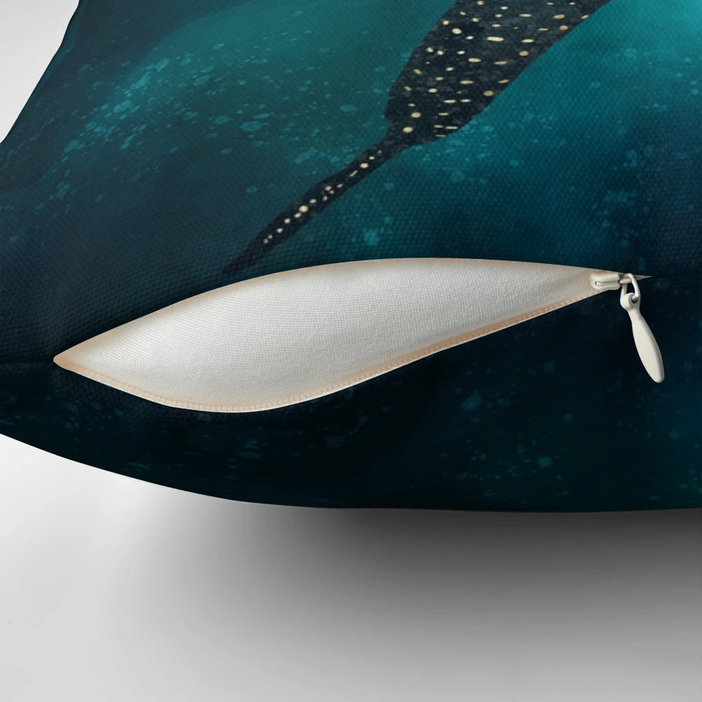 Metallic gold pillow featuring a detailed whale shark design in an abstract, contemporary style