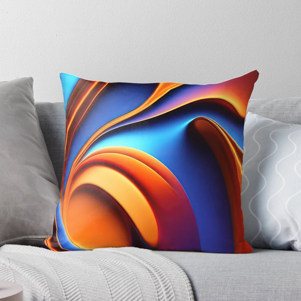 A vibrant and eye-catching abstract blue and orange throw pillow with a cool, contemporary design.