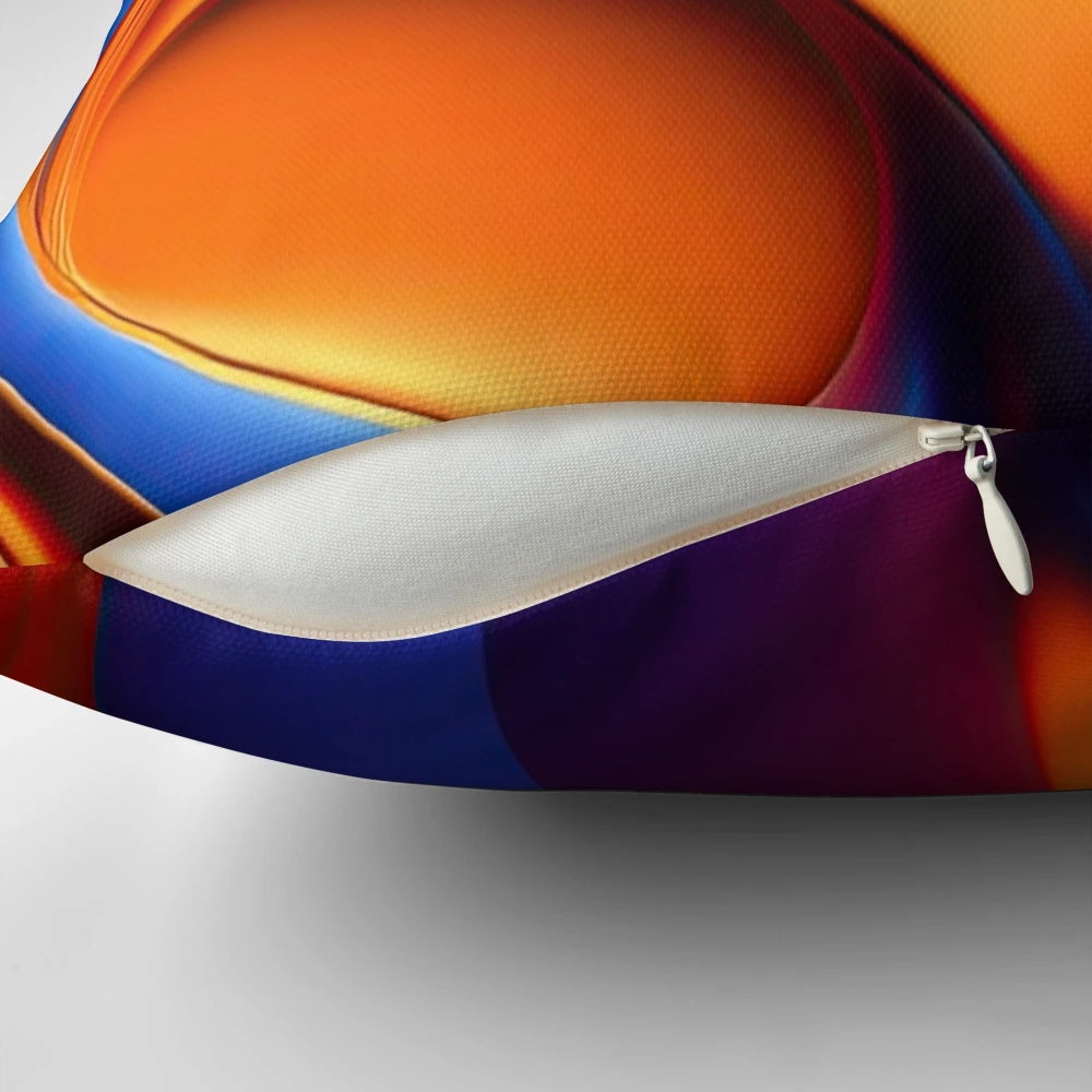 A vibrant and eye-catching abstract blue and orange throw pillow with a cool, contemporary design.