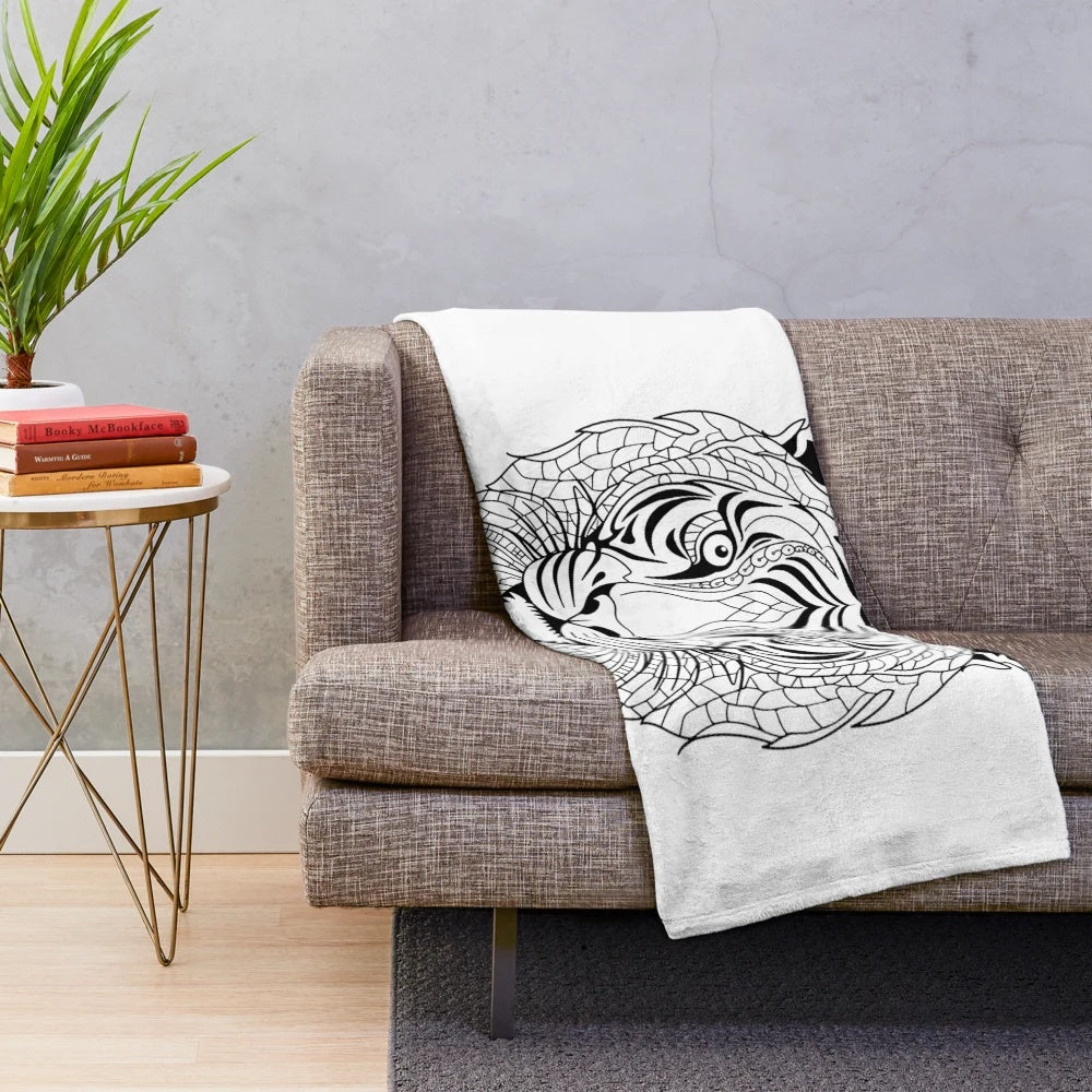 Intricate tiger line art design on a cozy plush blanket
