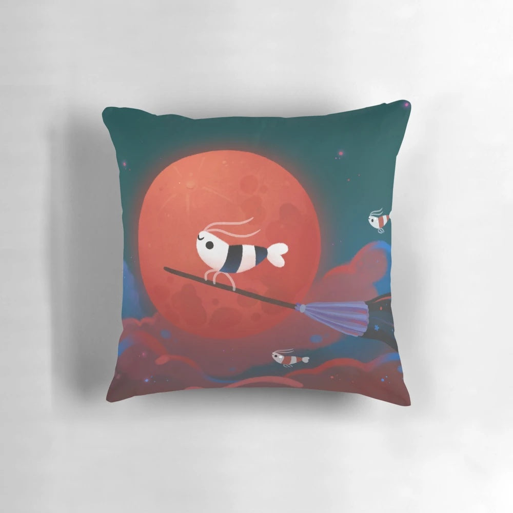 Moonlit night pillow with dreamy night sky, red moon, and aquatic creatures