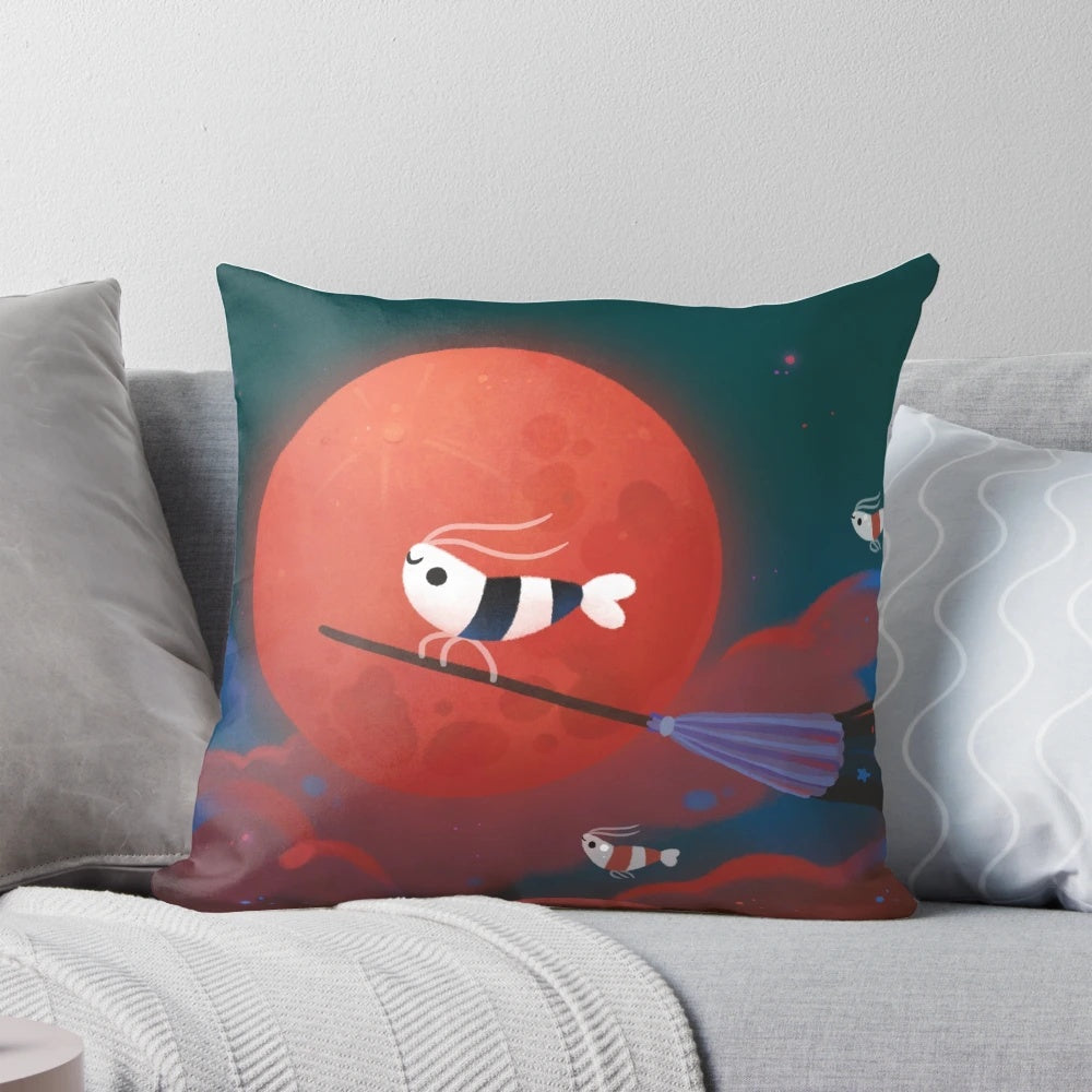 Moonlit night pillow with dreamy night sky, red moon, and aquatic creatures