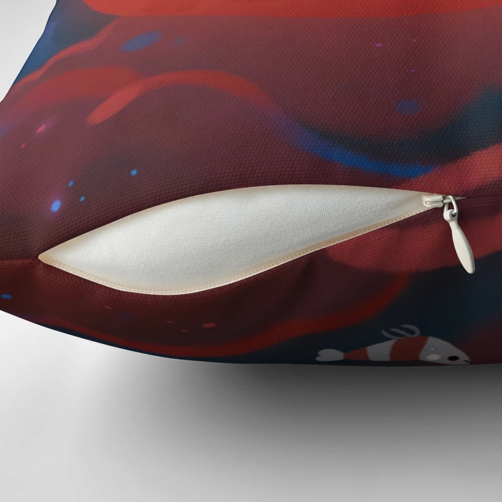 Moonlit night pillow with dreamy night sky, red moon, and aquatic creatures
