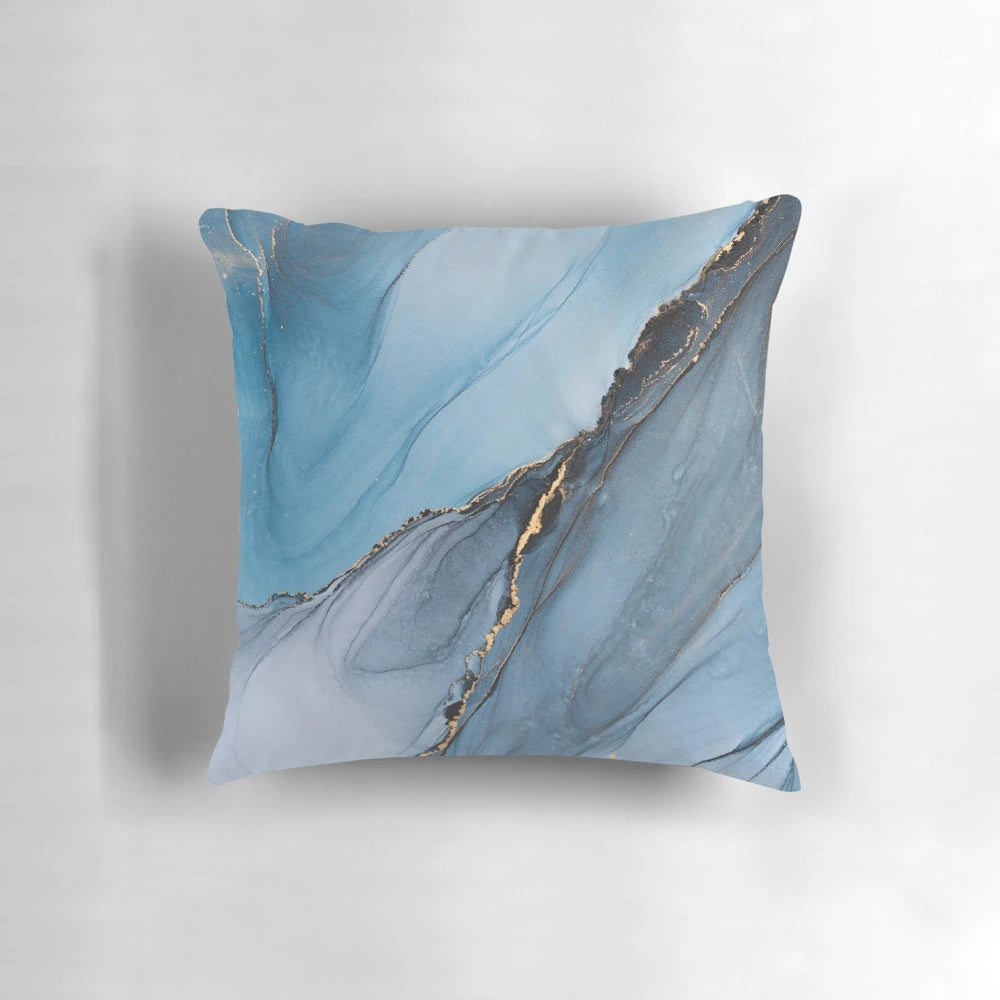A mixed media abstract landscape art pillow featuring fluid shapes, lightning, and a mystical forest atmosphere.