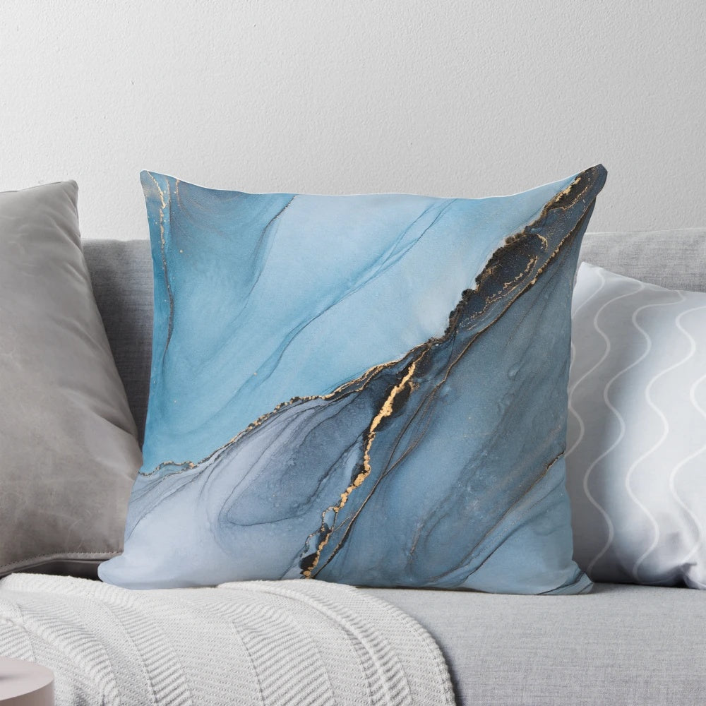 A mixed media abstract landscape art pillow featuring fluid shapes, lightning, and a mystical forest atmosphere.