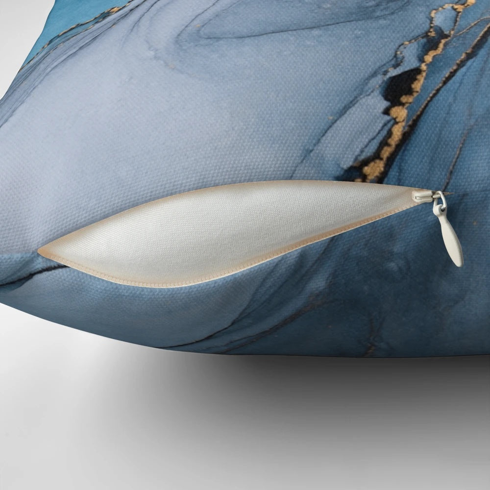 A mixed media abstract landscape art pillow featuring fluid shapes, lightning, and a mystical forest atmosphere.