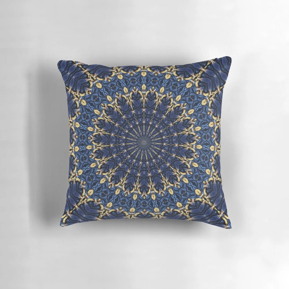 Navy blue and gold abstract optical art decorative round pillow