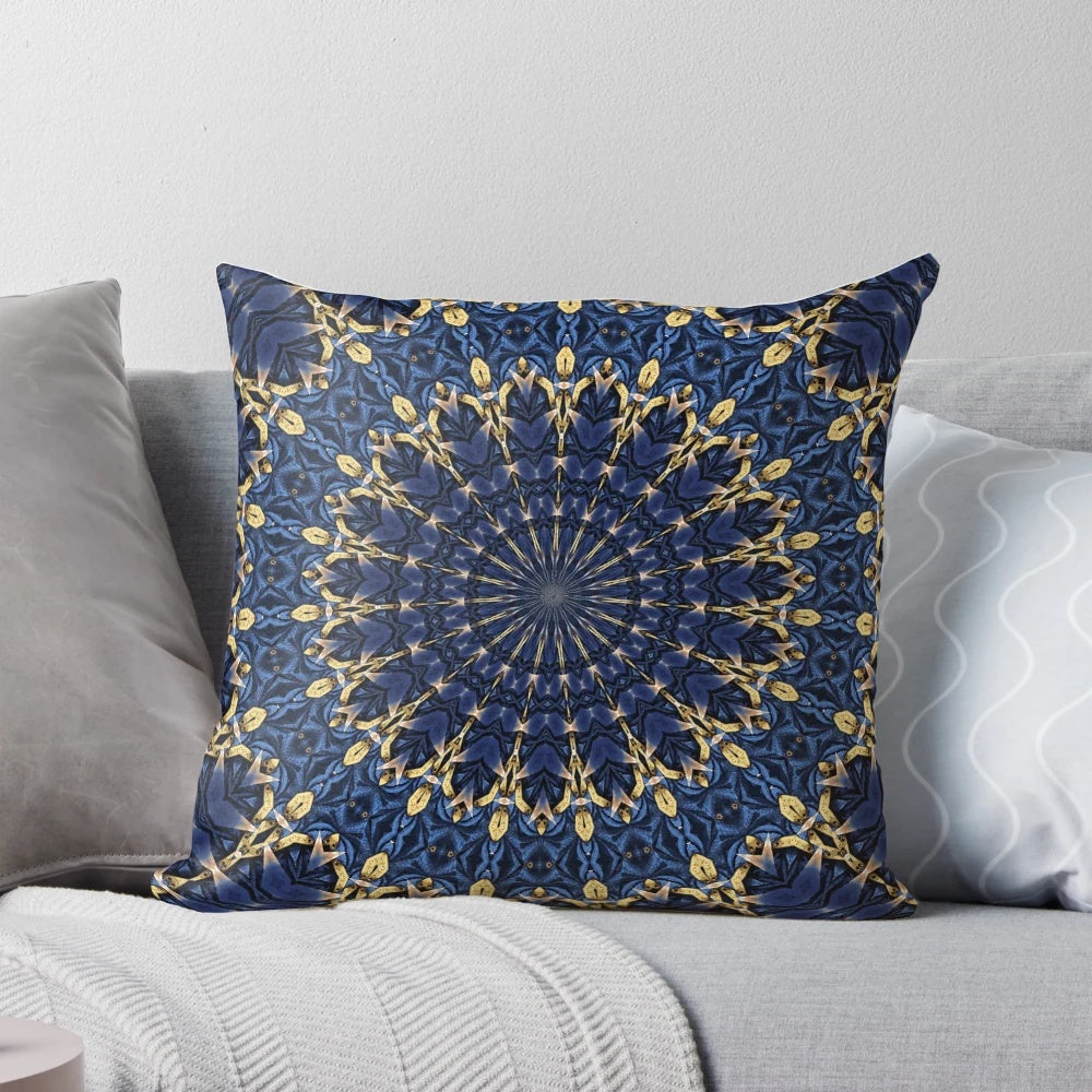 Navy blue and gold abstract optical art decorative round pillow