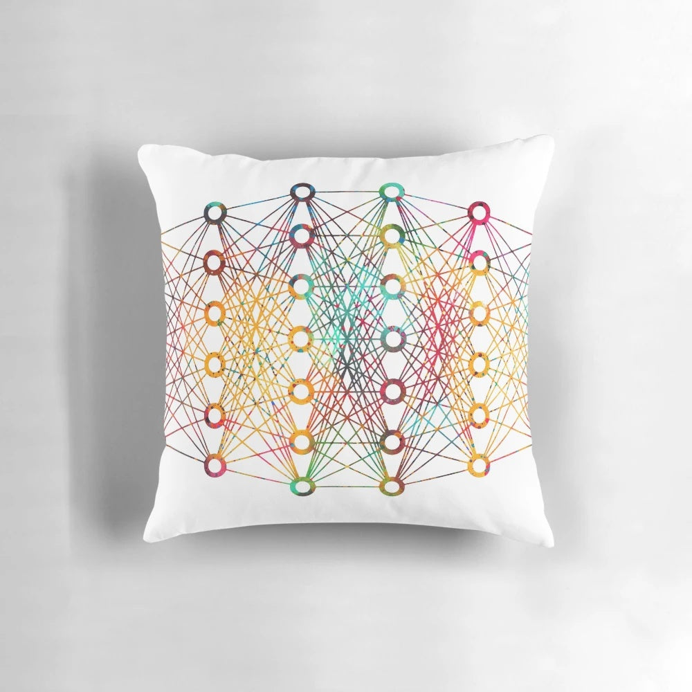 Vibrant watercolor neural network art pillow, showcasing the intricate connections of deep learning and artificial intelligence.