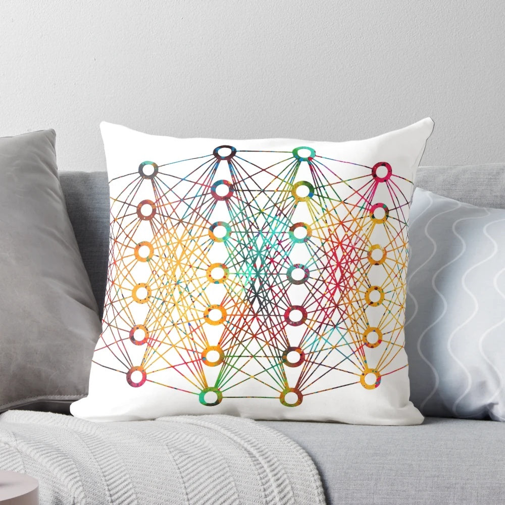 Vibrant watercolor neural network art pillow, showcasing the intricate connections of deep learning and artificial intelligence.