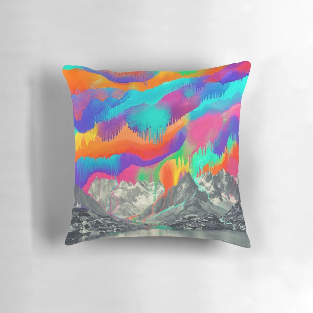 A Pillow featuring a breathtaking landscape scene with the Aurora Borealis, mountains, and snow.