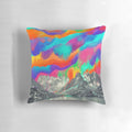 A Pillow featuring a breathtaking landscape scene with the Aurora Borealis, mountains, and snow.