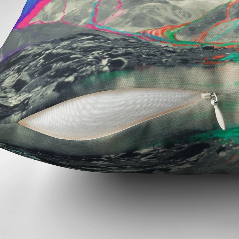 A Pillow featuring a breathtaking landscape scene with the Aurora Borealis, mountains, and snow.