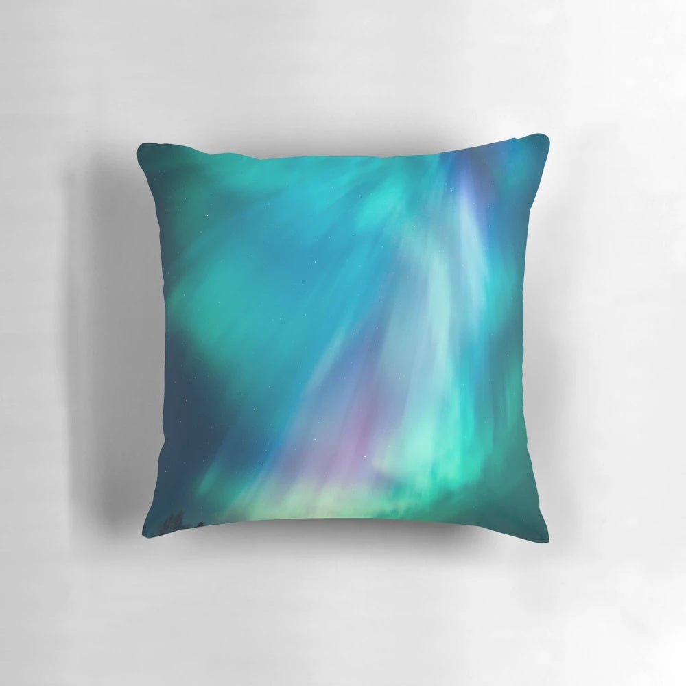 Vibrant northern lights or aurora borealis design on a soft, comfortable pillow.