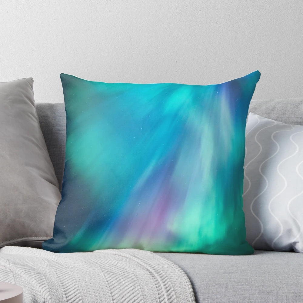Vibrant northern lights or aurora borealis design on a soft, comfortable pillow.