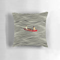 Vibrant, surreal optical illusion pillow featuring a captivating boat ride scene
