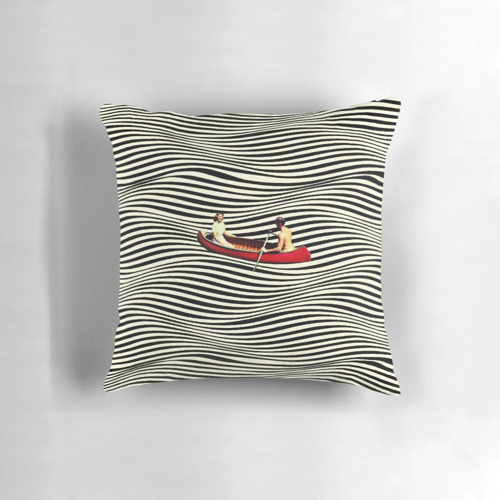 Vibrant, surreal optical illusion pillow featuring a captivating boat ride scene
