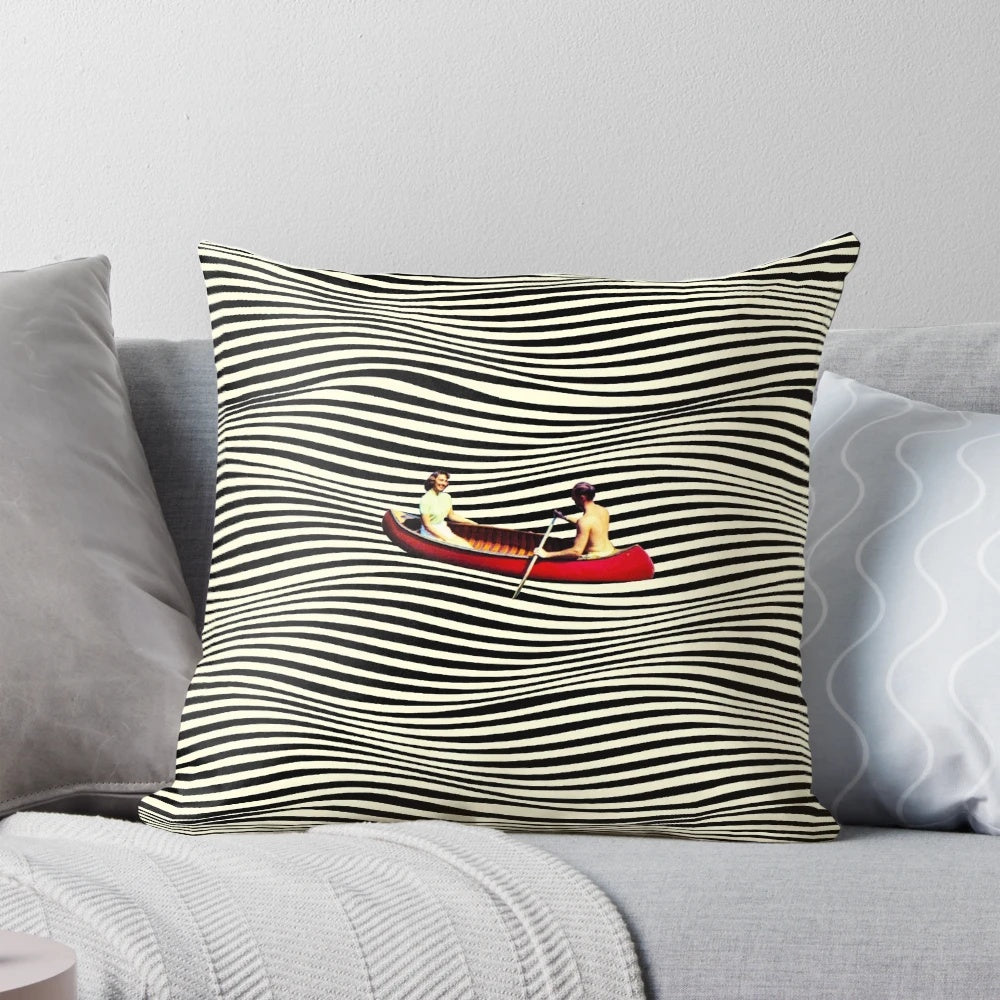 Vibrant, surreal optical illusion pillow featuring a captivating boat ride scene
