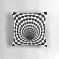 Optical illusion pillow featuring a hypnotic black and white design resembling a wormhole or portal