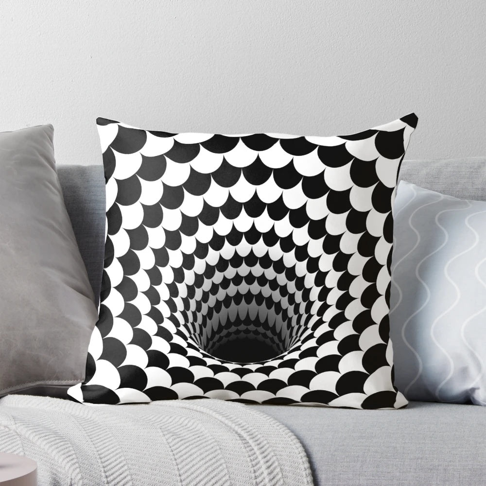 Optical illusion pillow featuring a hypnotic black and white design resembling a wormhole or portal