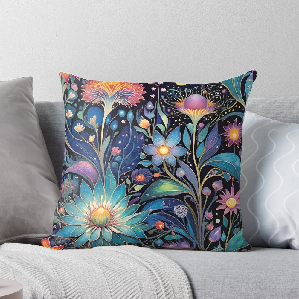 Psychedelic floral fantasy pillow with vibrant rainbow colors and a surreal, magical design.