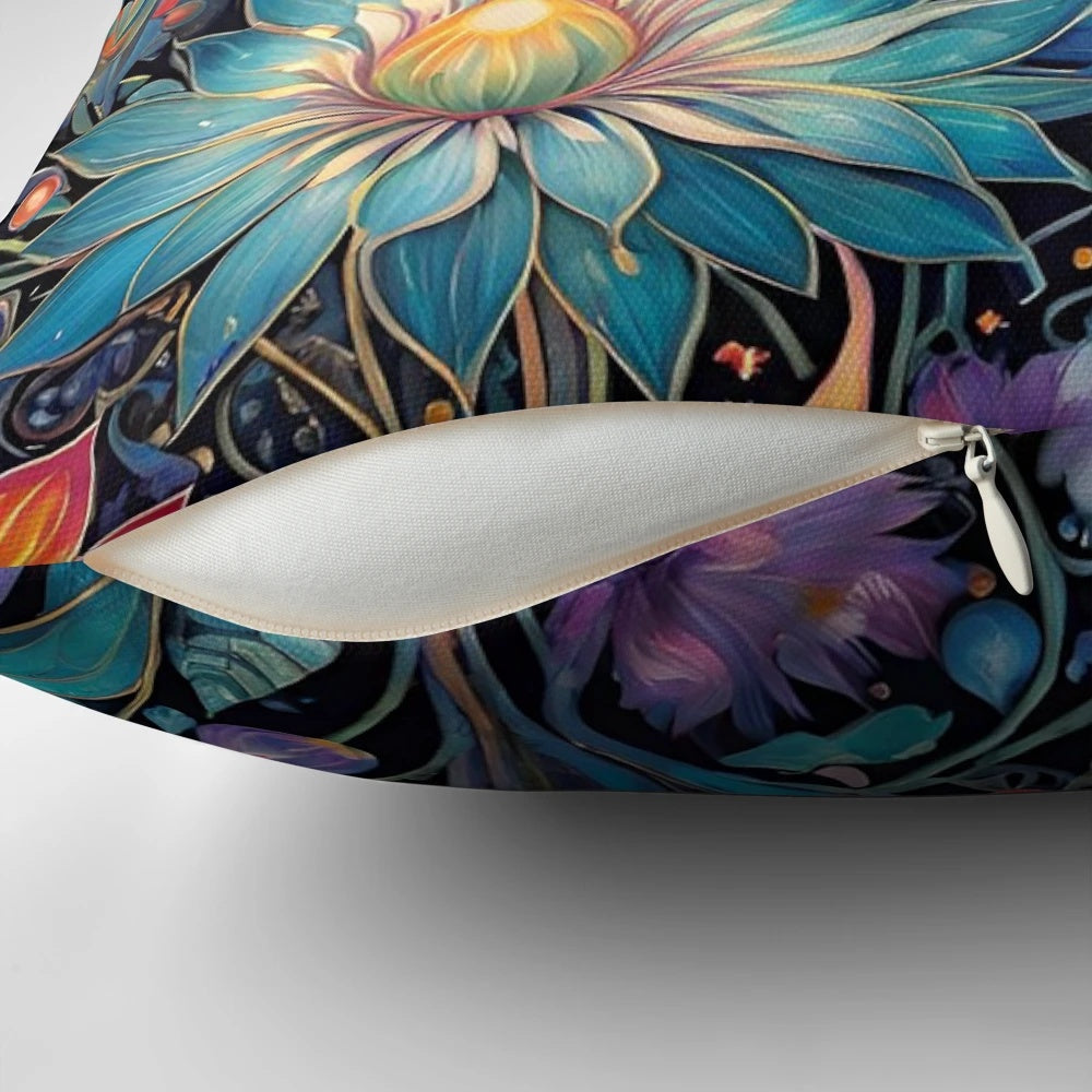 Psychedelic floral fantasy pillow with vibrant rainbow colors and a surreal, magical design.