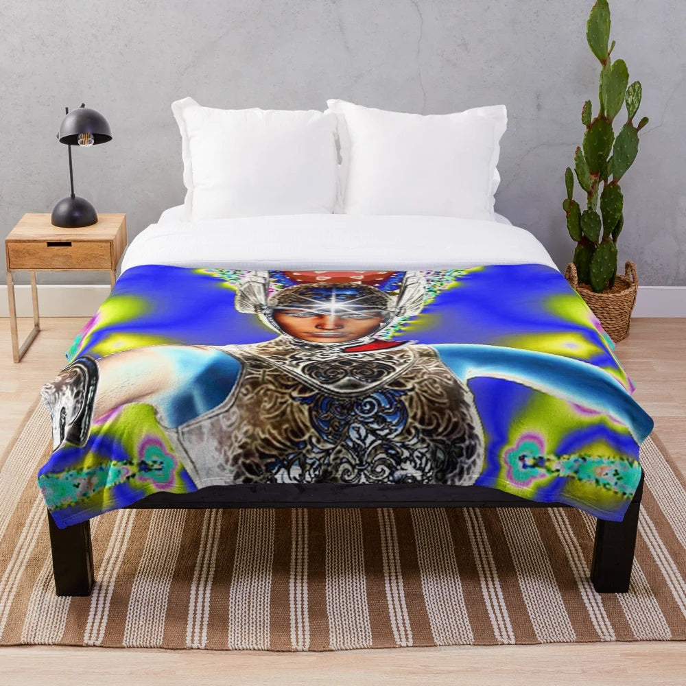 Psychedelic knight in armor plush blanket with nature-inspired abstract patterns