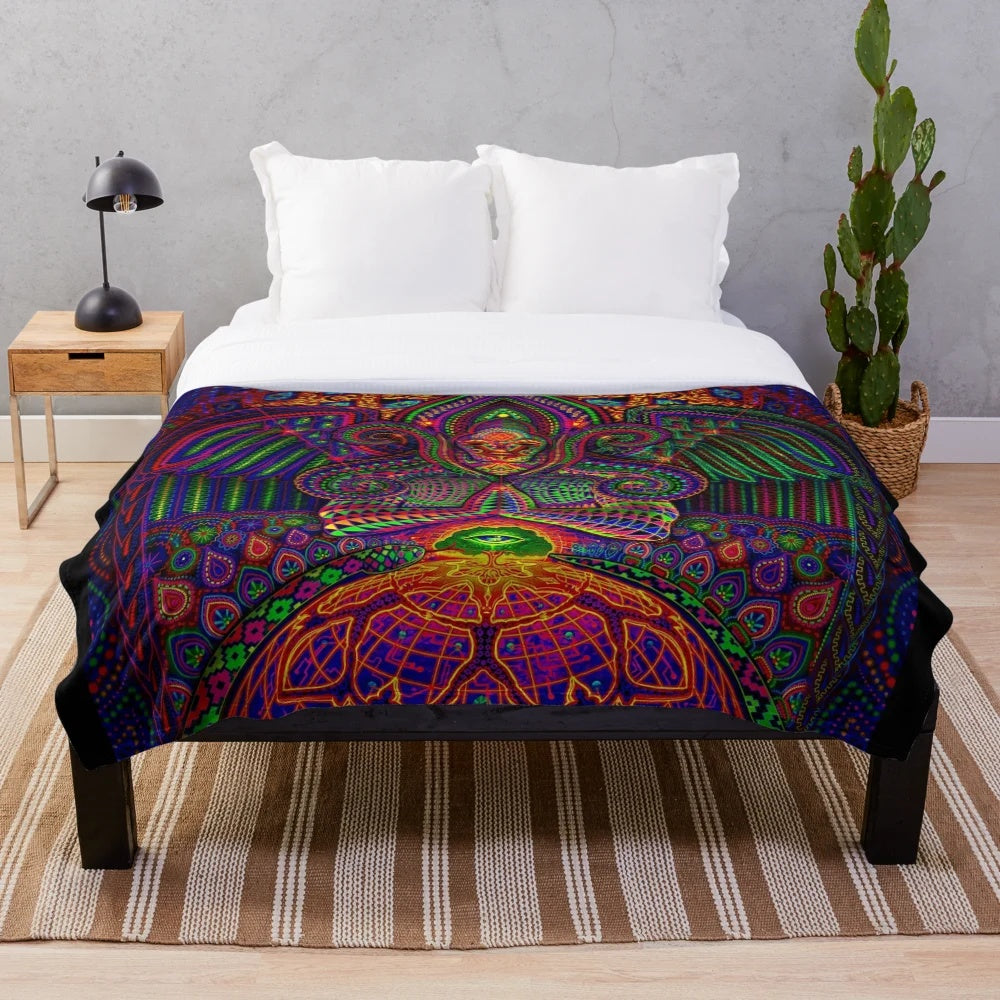 Psychedelic plush blanket with trippy, spiritual design