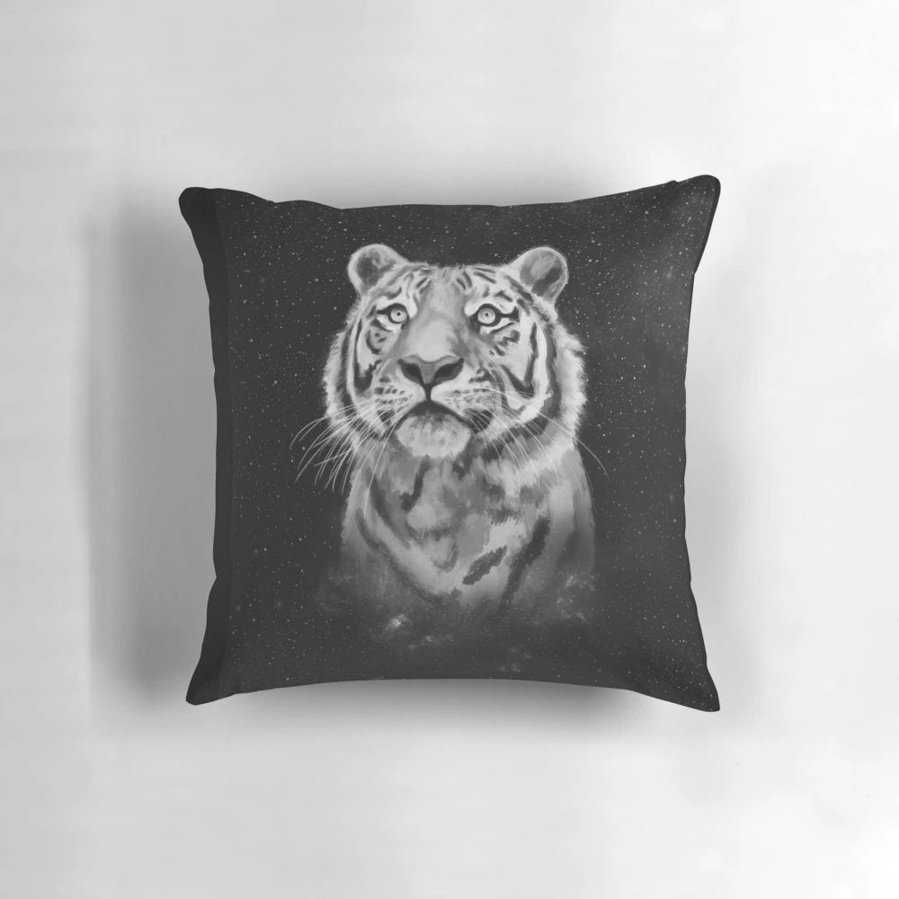 Black and white tiger pillow with a starry night sky background