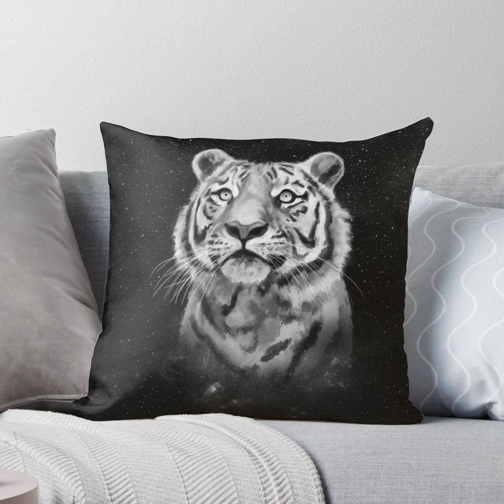 Black and white tiger pillow with a starry night sky background