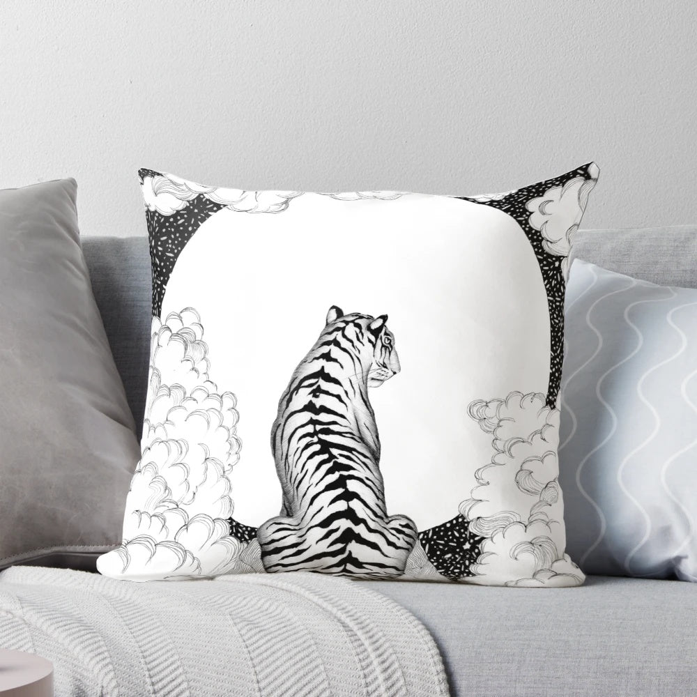 A stunning black and white illustration of a tiger silhouetted against a full moon and starry night sky, printed on a plush pillow.