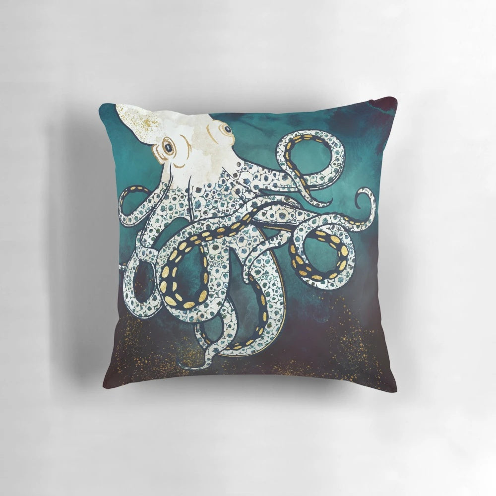 Vibrant watercolor painting of an octopus swimming in the deep blue sea, featuring abstract shapes and colors.