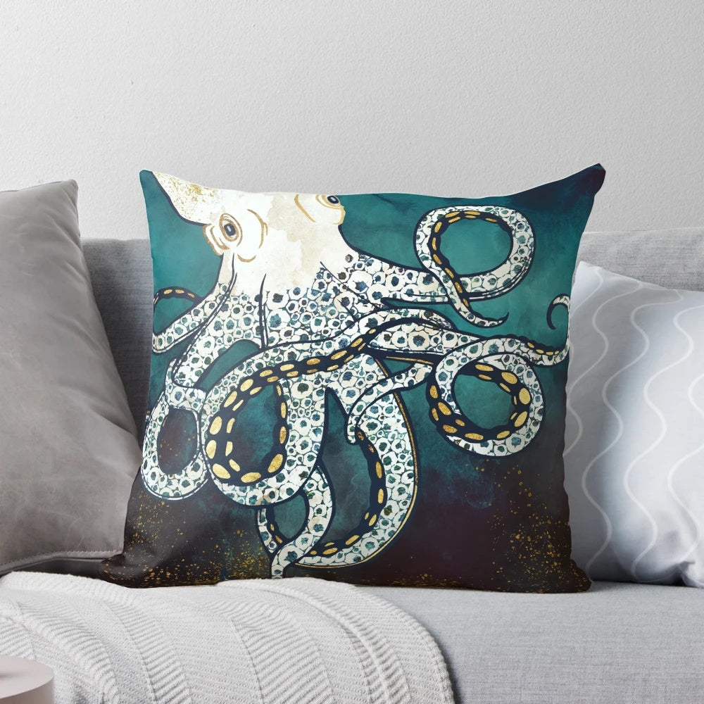 Vibrant watercolor painting of an octopus swimming in the deep blue sea, featuring abstract shapes and colors.