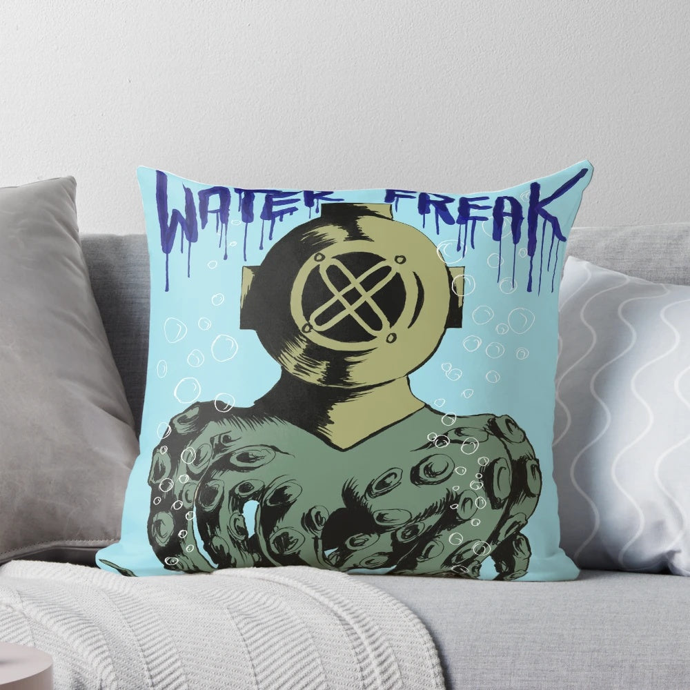 Vibrant digital art illustration of a mesmerizing octopus-inspired pillow with tentacles and underwater elements.