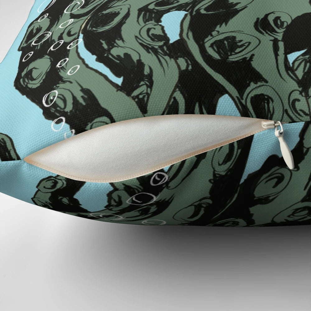 Vibrant digital art illustration of a mesmerizing octopus-inspired pillow with tentacles and underwater elements.