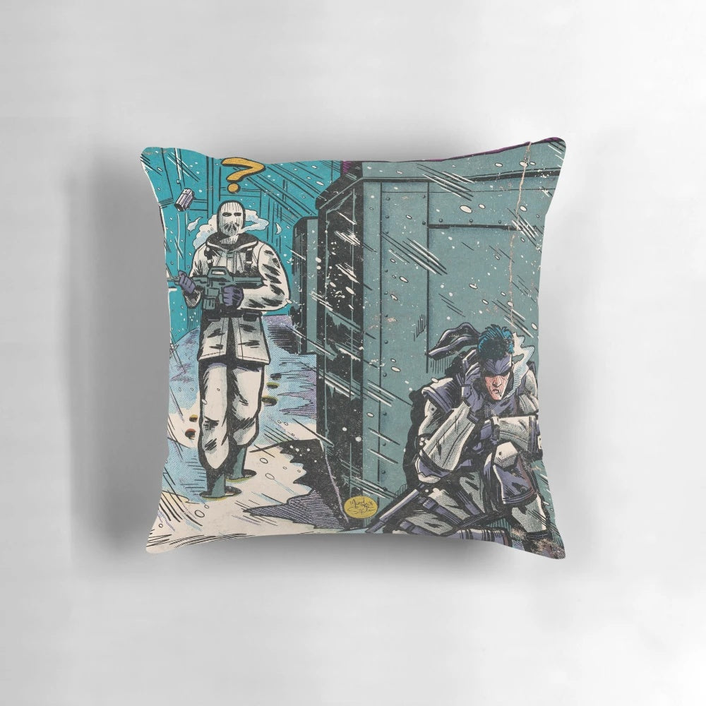 Metal Gear Solid comic book fan art pillow featuring a digital illustration of the Shadow Moses Island environment.