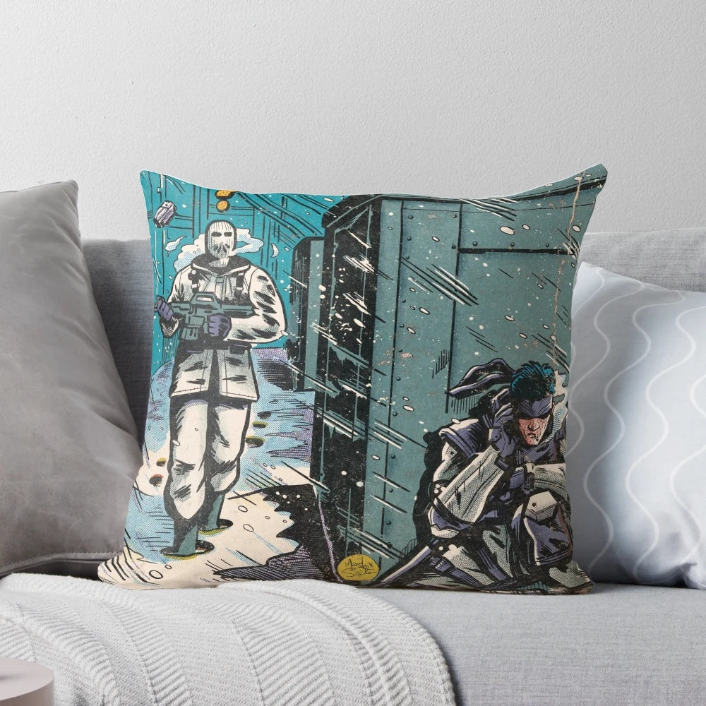 Metal Gear Solid comic book fan art pillow featuring a digital illustration of the Shadow Moses Island environment.