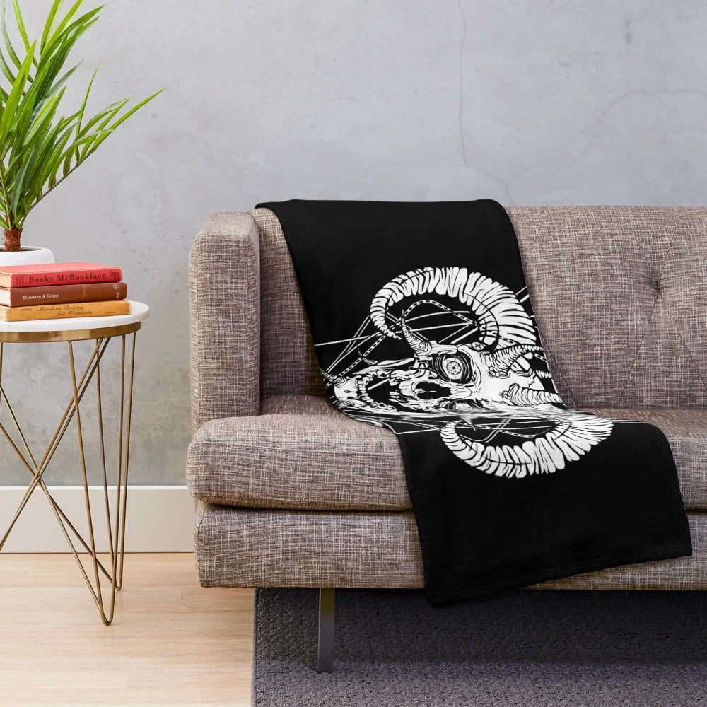 Metalhead Facebones-Inspired Plush Blanket with Skull and Horns Design