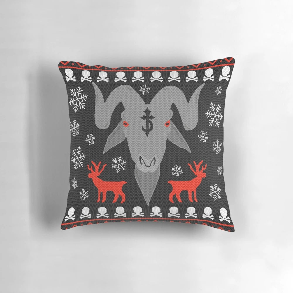 Metallic Christmas pillow with a goth-inspired design featuring a pixel art snowflake and ram head