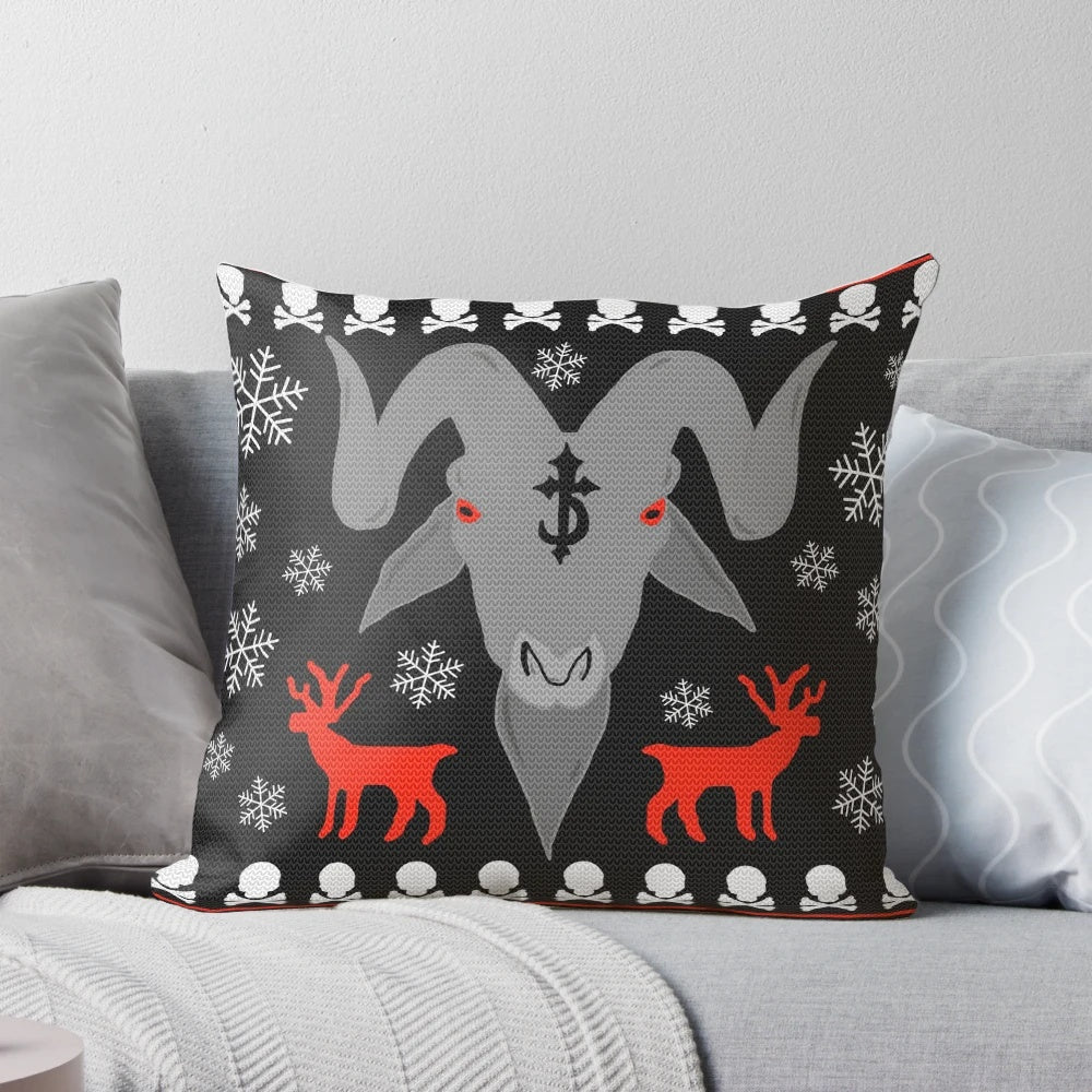Metallic Christmas pillow with a goth-inspired design featuring a pixel art snowflake and ram head